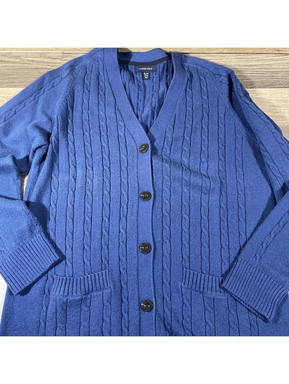 Lands End Sweater Womens XL/P Blue Cardigan Button Up Cable Knit Cotton